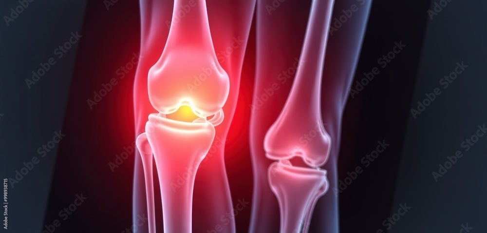 X-ray image of a human knee joint, showing the bones and ligaments ...