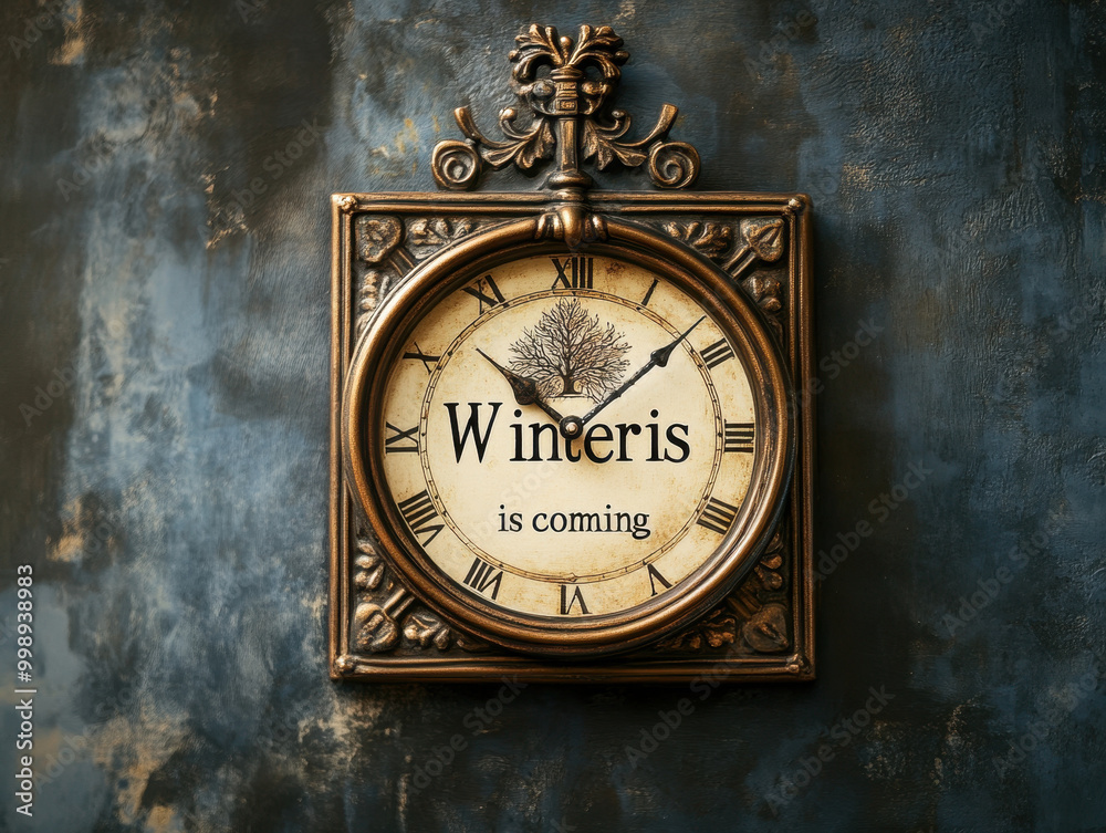 Antique clock displaying a whimsical message about the arrival of winter, set against a backdrop filled with vintage decor Antique clock displaying a whimsical message about the arrival of winter, set against a backdrop filled with vintage decor