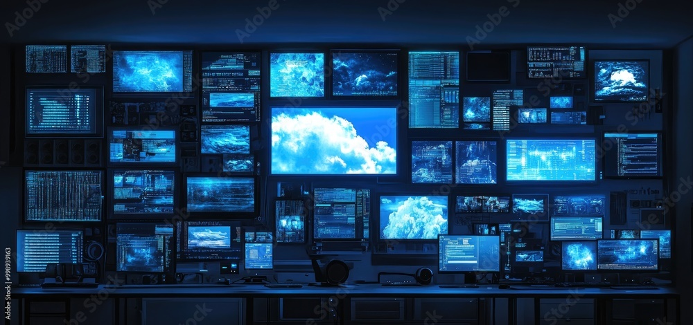 Wall of Monitors with Cloud Data Display. Wall of Monitors with Cloud Data Display.