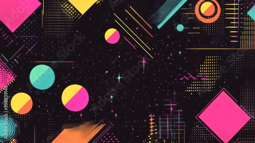 Abstract Geometric Pattern with Neon Colors on a Black Background