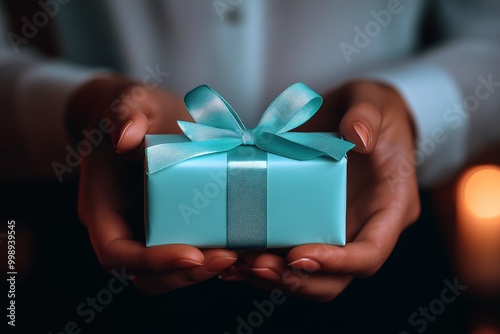 Man holding a teal gift box wrapped with a blue ribbon, illuminated by soft golden lighting and surrounded by Christmas decorations, evoking holiday generosity and warmth. photo