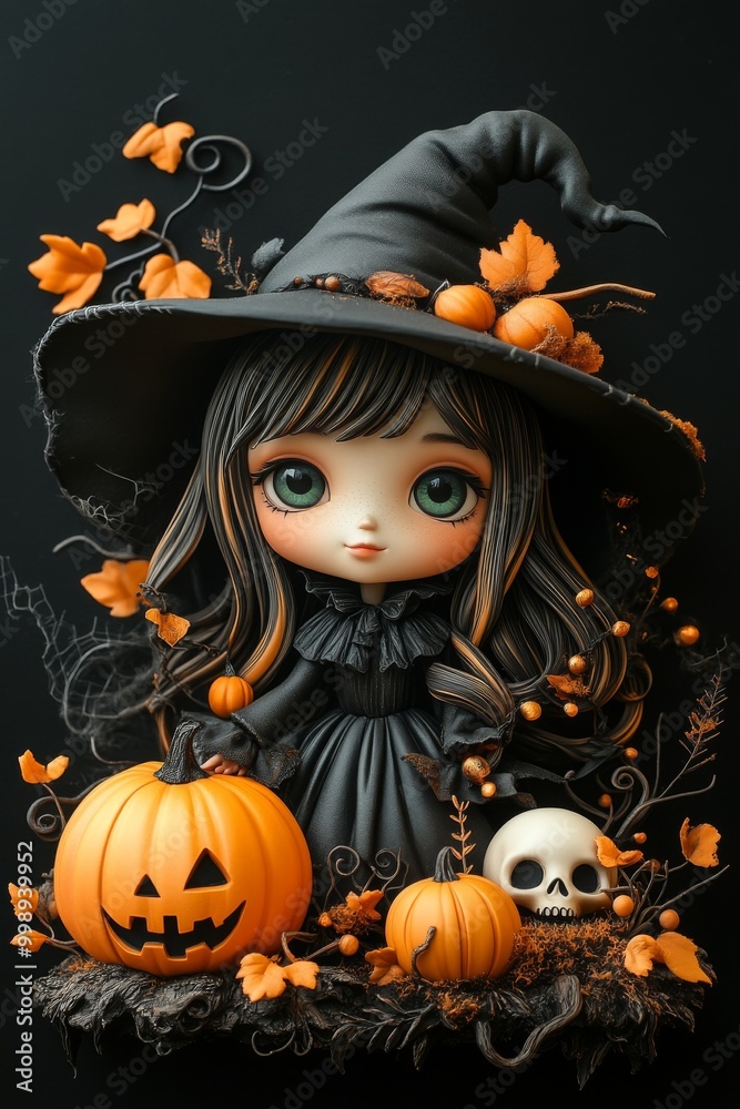 Adorable Halloween Witch Figures with Pumpkins and Skulls - Festive Fantasy Collection Adorable Halloween Witch Figures with Pumpkins and Skulls - Festive Fantasy Collection