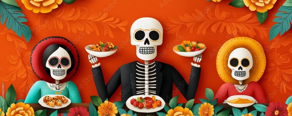 Skeleton family of all ages gathered around a Day of the Dead altar, sharing food and stories, symbolizing the continuity of Mexican culture Skeleton family of all ages gathered around a Day of the Dead altar, sharing food and stories, symbolizing the continuity of Mexican culture