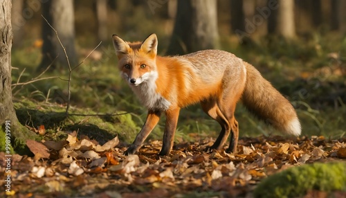 Red fox walking in a forest during autumn 