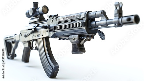 A modern Army rifle with a Picatinny rail and mounted laser sight, isolated on a white background. photo