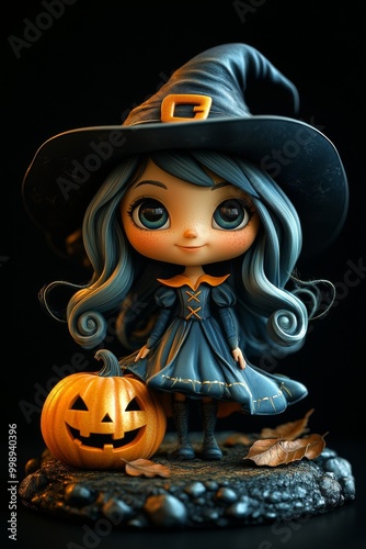 Adorable Halloween Witch Figures with Pumpkins and Skulls - Festive Fantasy Collection 