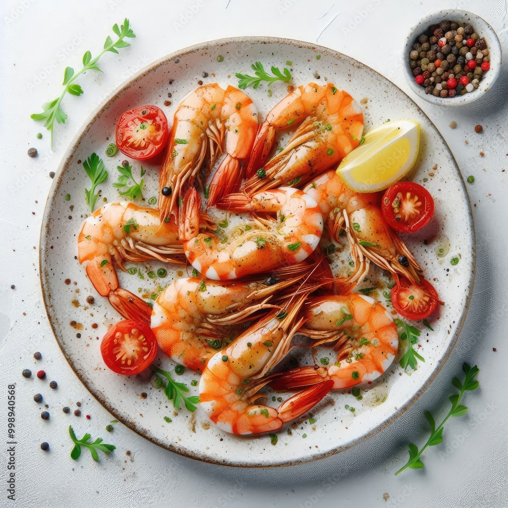 Close-up of a cooked shrimp seasoned with herbs on a plate isolated on white background Close-up of a cooked shrimp seasoned with herbs on a plate isolated on white background