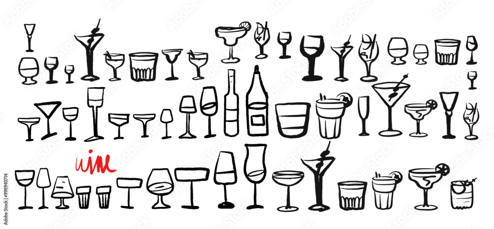 Isolated vector set of wine and alcoholic beverage glasses and tumblers. Hand drawn sketch. Red and black drawing on white background.. Isolated vector set of wine and alcoholic beverage glasses and tumblers. Hand drawn sketch. Red and black drawing on white background..