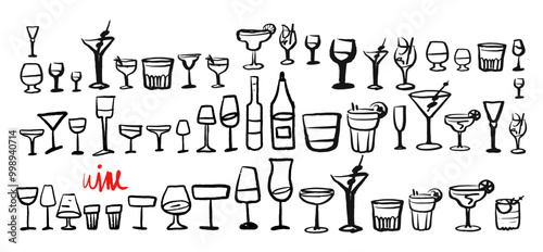 Isolated vector set of wine and alcoholic beverage glasses and tumblers. Hand drawn sketch. Red and black drawing on white background..