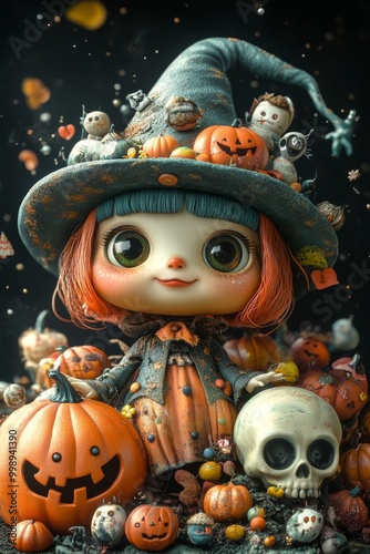 Adorable Halloween Witch Figures with Pumpkins and Skulls - Festive Fantasy Collection