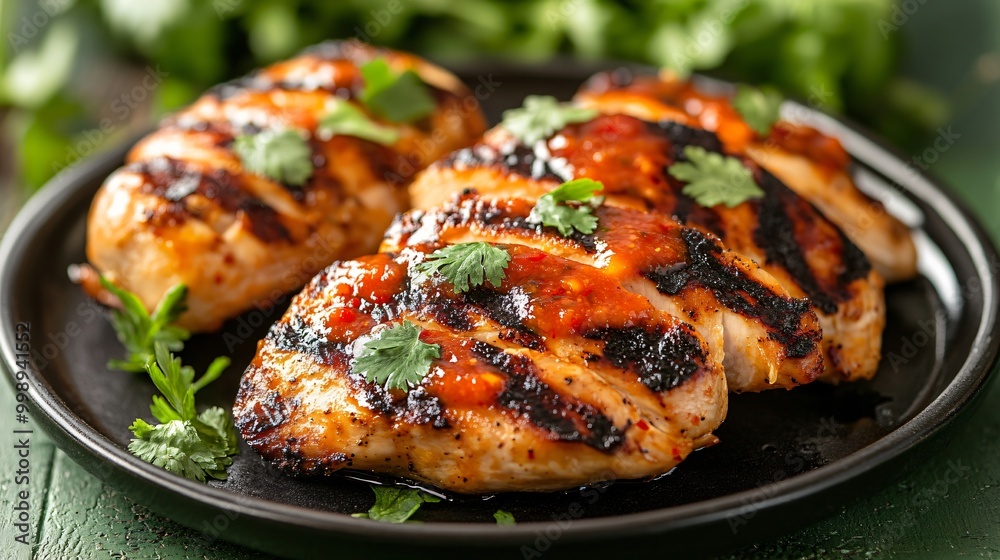 Mango chili sauce drizzled over grilled chicken, served on a black plate against a green, rustic farm background