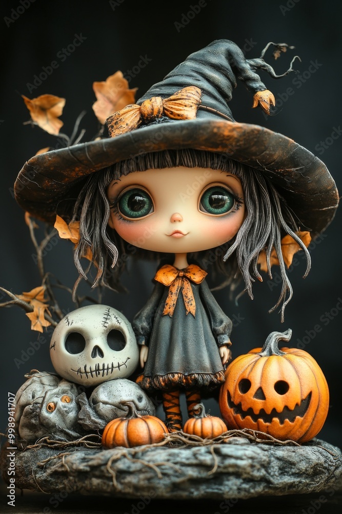 Fototapeta premium Adorable Halloween Witch Figures with Pumpkins and Skulls - Festive Fantasy Collection