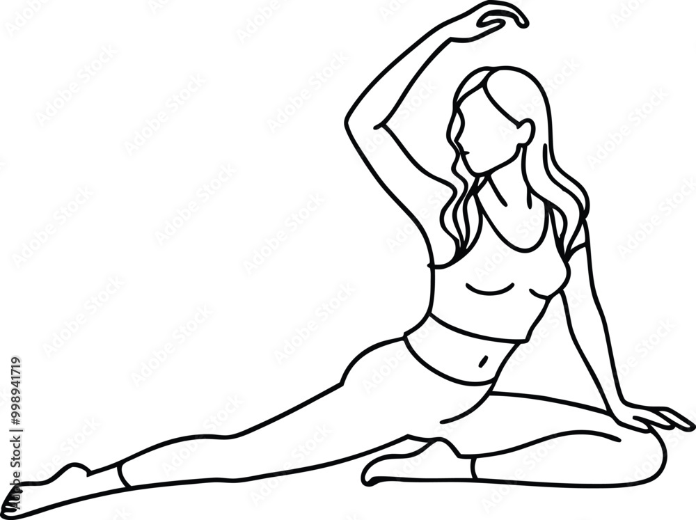 Continuous line art drawing of a woman stretching and relaxing, woman in yoga pose line art, yoga stretch line drawing vector illustration Continuous line art drawing of a woman stretching and relaxing, woman in yoga pose line art, yoga stretch line drawing vector illustration