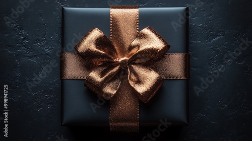 A black gift box with a copper-colored ribbon and bow on a black background. photo