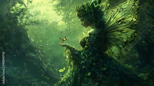 Digital painting of a beautiful victorian steam punk wood nymph or dryad in a magical green forest ,illustration . made with the help of ai. Nymph. Illustration