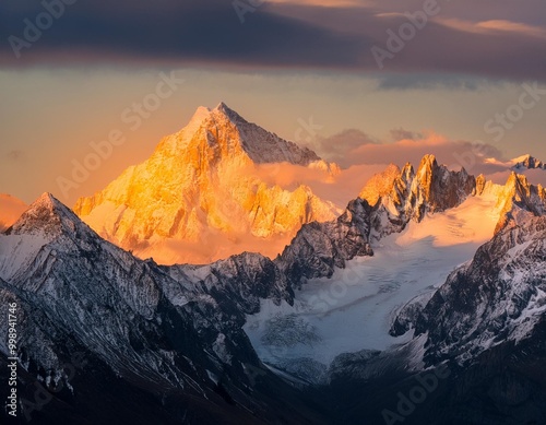 Serene snow-capped peaks at sunrise with golden light touching the mountain tops