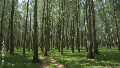 Green forest with a walking path on a sunny day 