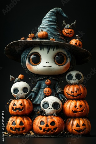 Adorable Halloween Witch Figures with Pumpkins and Skulls - Festive Fantasy Collection