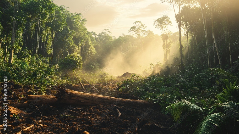Misty jungle sunrise with lush greenery and fallen logs Misty jungle sunrise with lush greenery and fallen logs