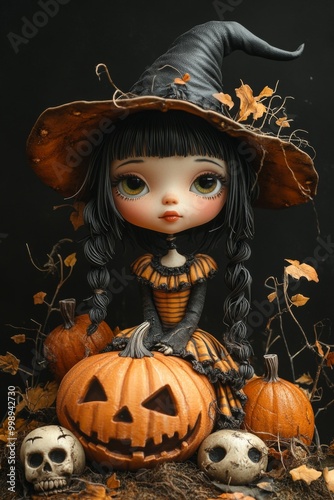 Adorable Halloween Witch Figures with Pumpkins and Skulls - Festive Fantasy Collection