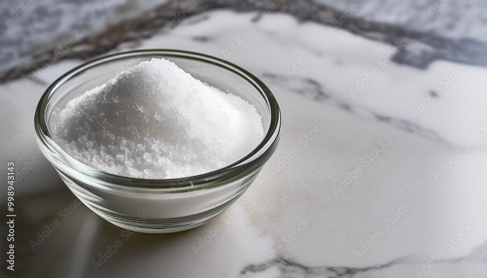Granulated sugar in a glass bowl on a marble background Granulated sugar in a glass bowl on a marble background