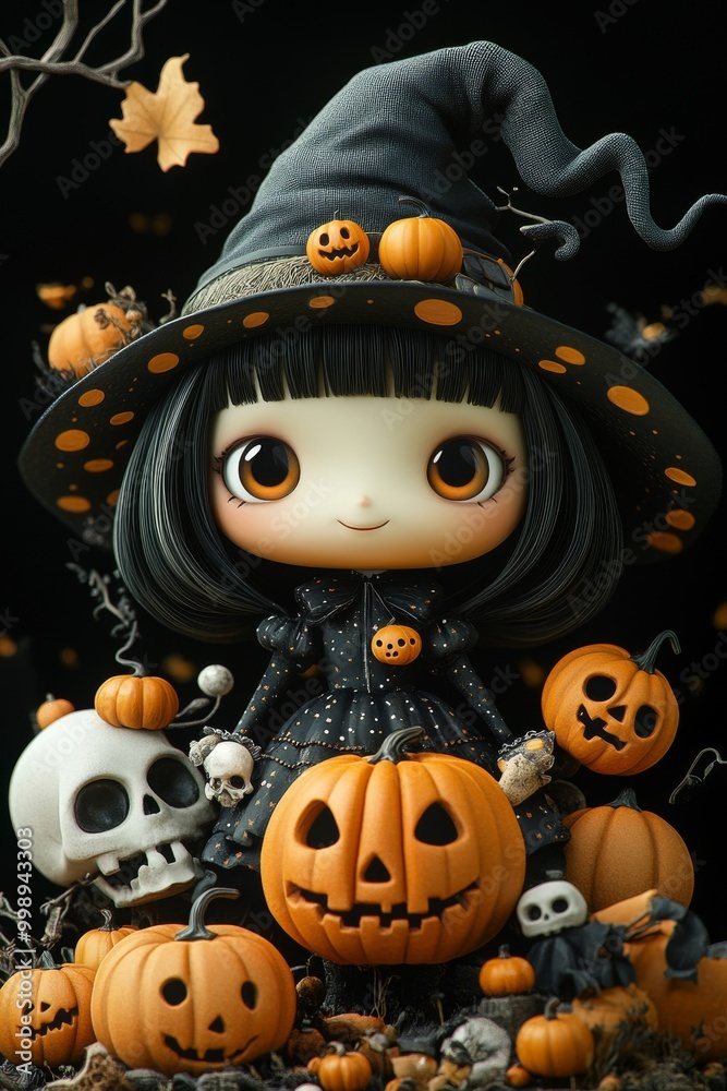 Adorable Halloween Witch Figures with Pumpkins and Skulls - Festive Fantasy Collection Adorable Halloween Witch Figures with Pumpkins and Skulls - Festive Fantasy Collection