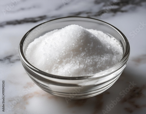 Granulated sugar in a glass bowl on a marble background