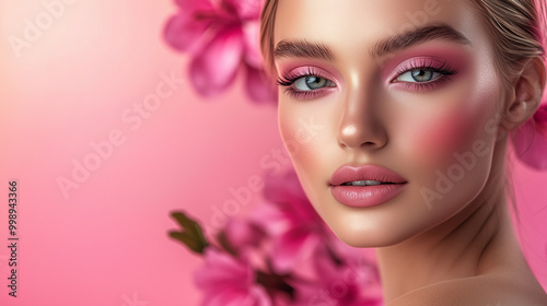 Glamorous woman with pink makeup and glowing skin against a floral pink background