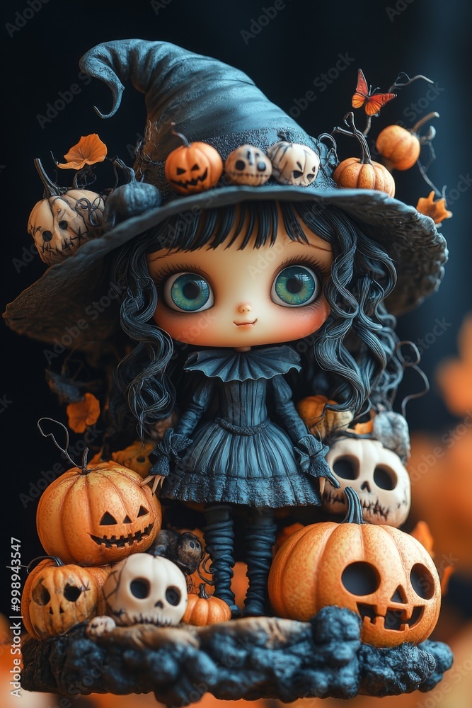 Fototapeta premium Adorable Halloween Witch Figures with Pumpkins and Skulls - Festive Fantasy Collection