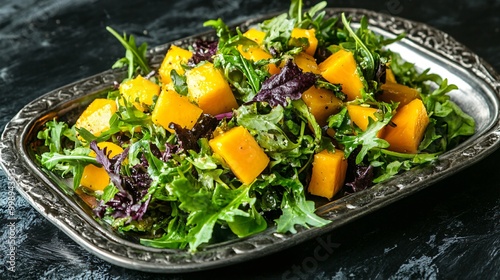 Mango salad with a citrus vinaigrette, displayed on a sleek silver tray against a matte black background photo