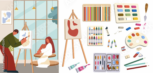 A set of art objects, an art workshop. Hand drawn vector illustration.