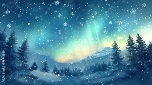 A wintery landscape with pine trees, snow, and an aurora borealis in the sky