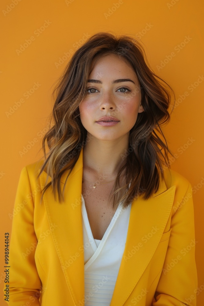 Obraz premium An approachable portrait of a female marketing executive in a bright yellow blazer and white top, vibrant orange background, vertical 