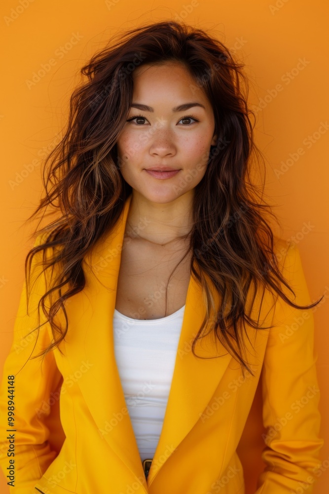 An approachable portrait of a female marketing executive in a bright yellow blazer and white top, vibrant orange background, vertical 