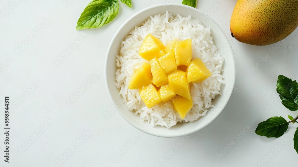 Mango sticky rice with coconut cream, placed on a clean white minimalist background Mango sticky rice with coconut cream, placed on a clean white minimalist background