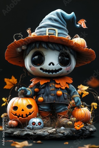 Adorable Halloween Witch Figures with Pumpkins and Skulls - Festive Fantasy Collection