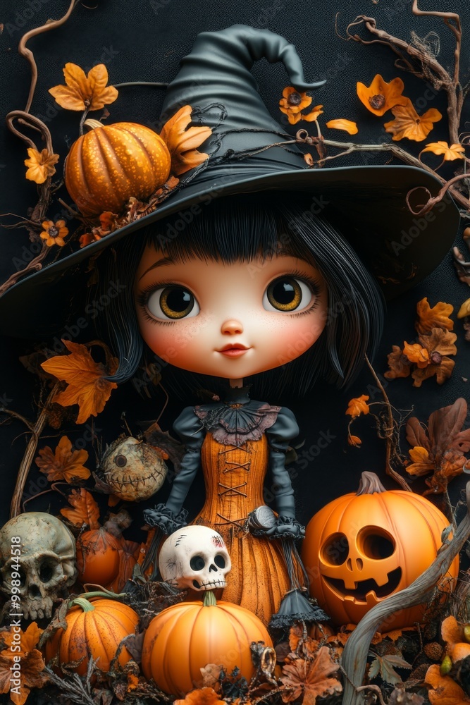 Fototapeta premium Adorable Halloween Witch Figures with Pumpkins and Skulls - Festive Fantasy Collection