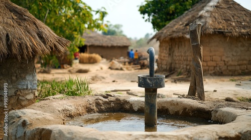 Rustic well in African village with huts