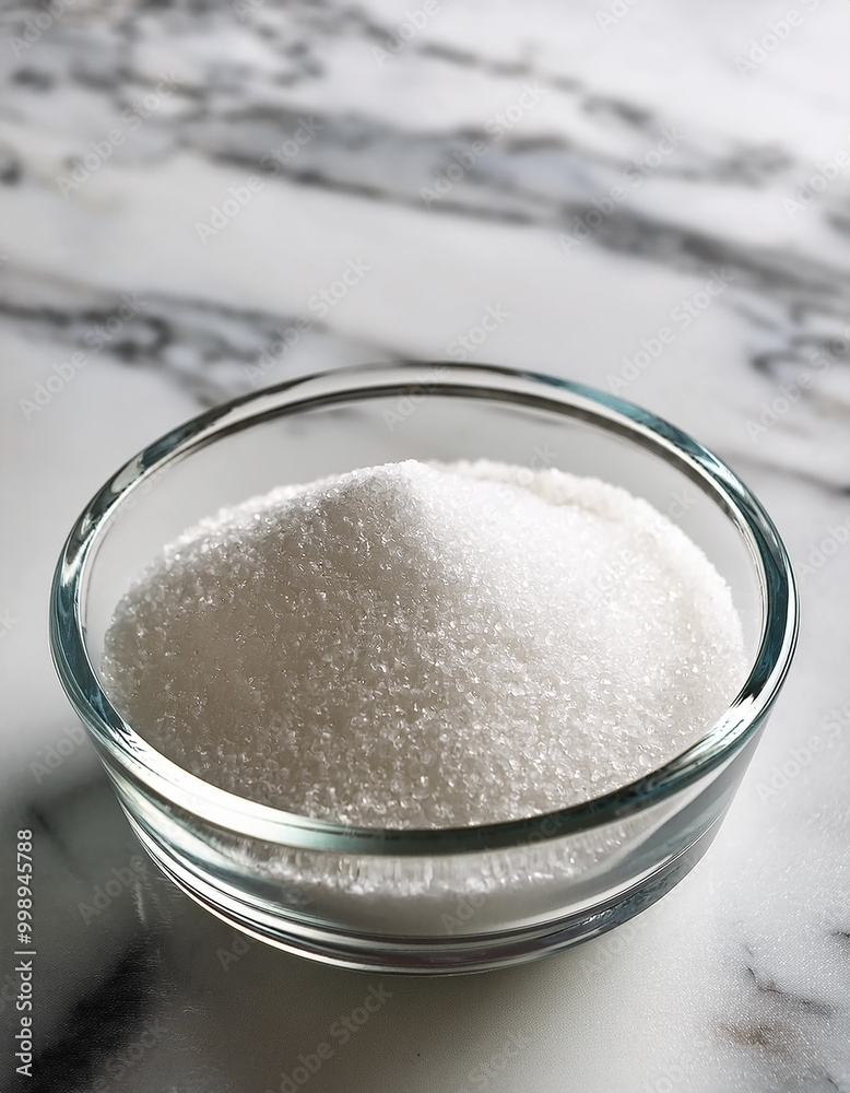Granulated sugar in a glass bowl on a marble background Granulated sugar in a glass bowl on a marble background