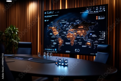 Realistic organizational layout for a multinational company, displayed on a conference room screen, showing global branches and leadership