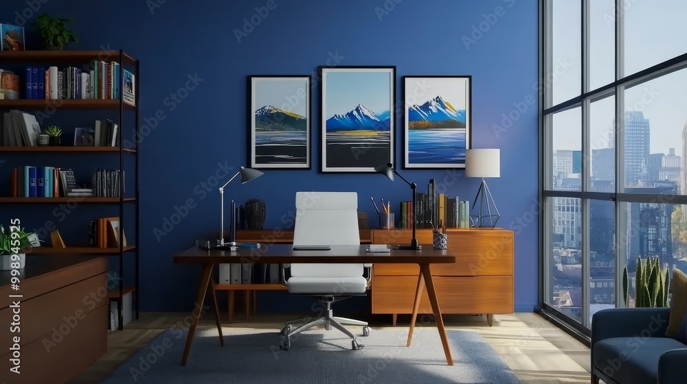 Modern Home Office with Mountain View Artwork, Interior Design, Desk , office design Modern Home Office with Mountain View Artwork, Interior Design, Desk , office design