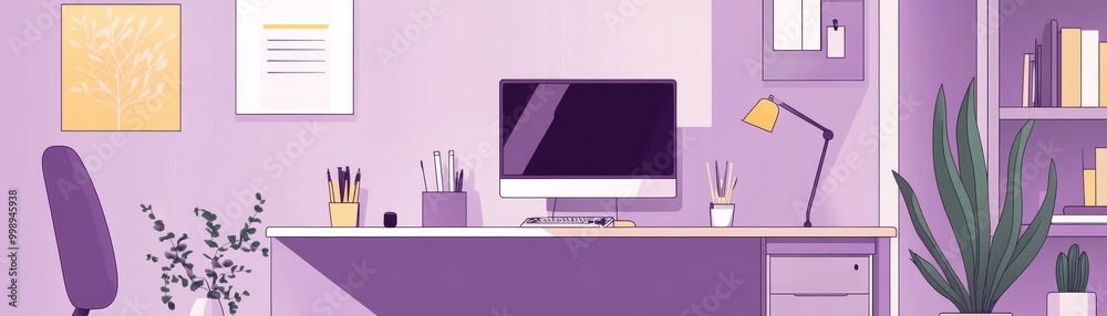 Purple and White Minimalist Home Office Desk, Home Office , Minimalism Purple and White Minimalist Home Office Desk, Home Office , Minimalism