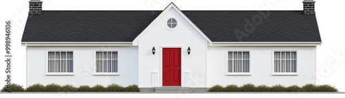 White Cottage with Red Door and Black Roof, 3D Render, House, Architecture