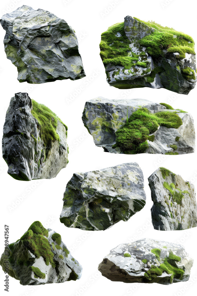 Visualize a series of isolated stone rocks featuring lush moss, rendered in PNG format with Visualize a series of isolated stone rocks featuring lush moss, rendered in PNG format with