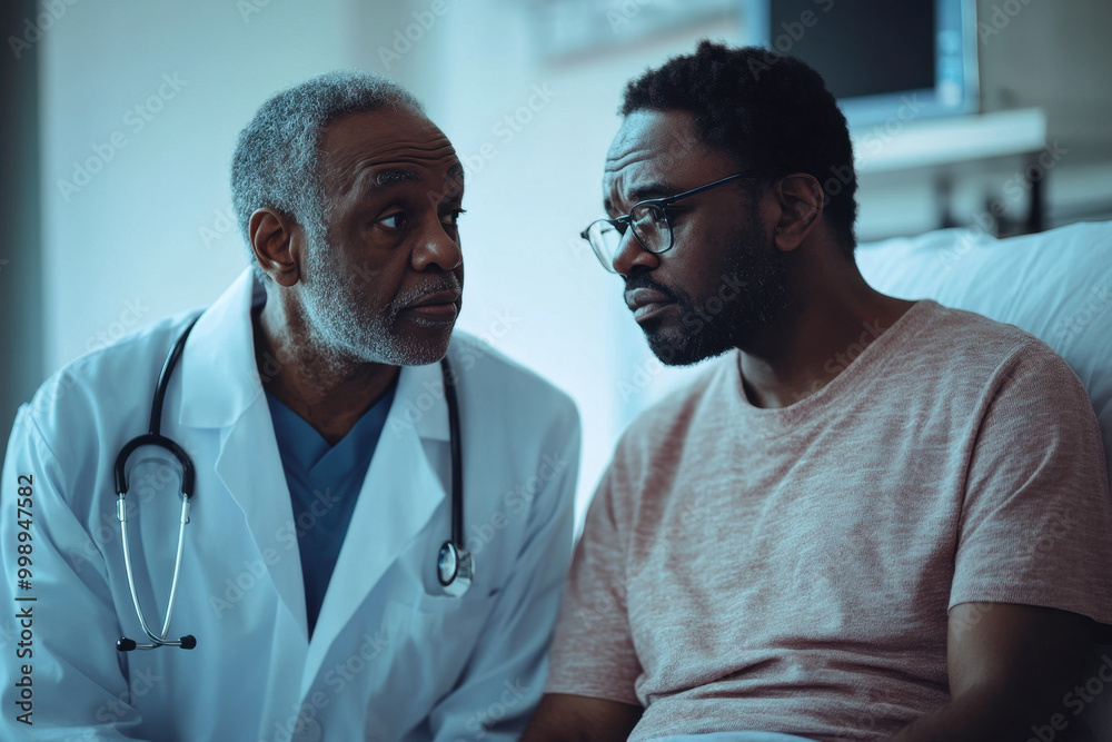 Compassionate doctor comforting a patient in a dimly lit hospital room during a late evening visit Compassionate doctor comforting a patient in a dimly lit hospital room during a late evening visit