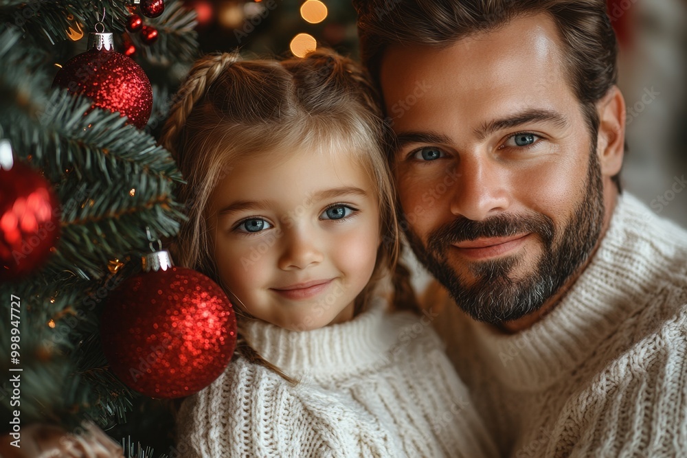 Portrait of a father and daughter decorating a Christmas tree. Christmas concept. Happy family decorating christmas tree Portrait of a father and daughter decorating a Christmas tree. Christmas concept. Happy family decorating christmas tree