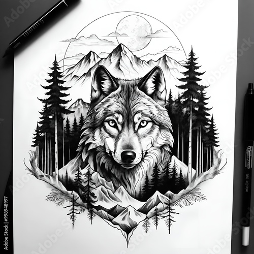 Black and white tattoo design of a wolf with mountains and trees
