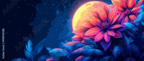 Comic Book Style Night Sky with Full Moon and Bold Flowers