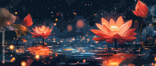 Anime Night Sky with Full Moon and Lotus Flowers