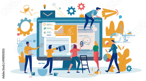 A team of marketers designing an online advertising strategy, focusing on search engine ads and retargeting.